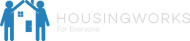 Logo formed by two silhouettes of people with arms raised together forming a house, followed by the words: HousingWorks For Everyone.